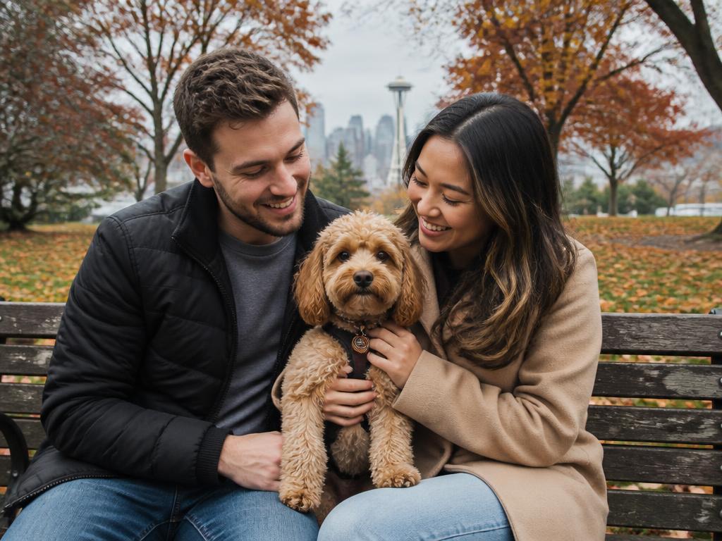 The Nguyen family holding their small Joyful Doodles puppy outdoors