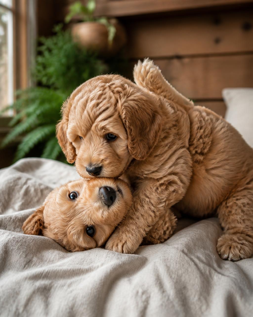 Two Mini Doodle puppies raised by Joyful Doodles playing on a blanket in a sunlit Washington home